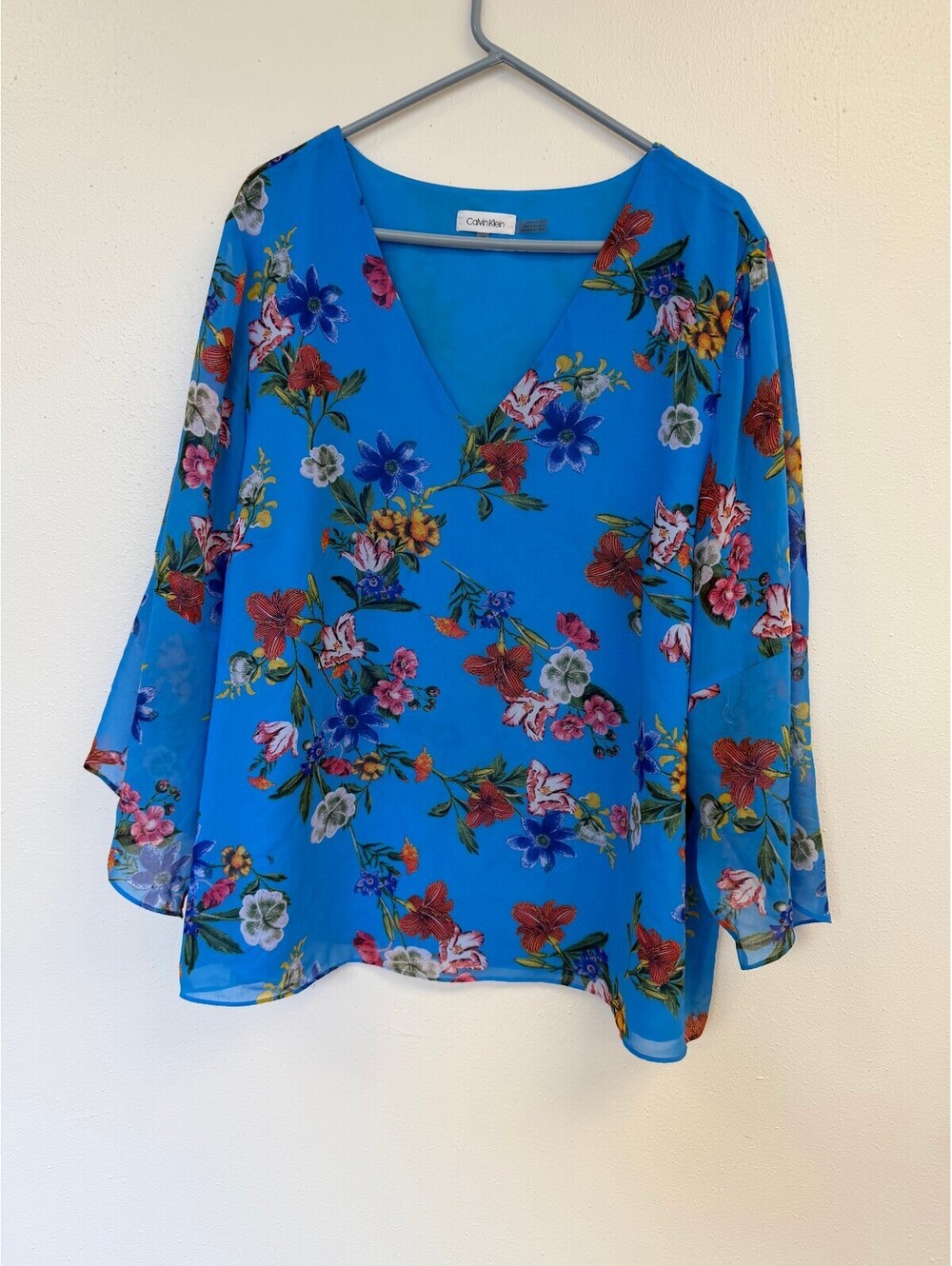 Calvin Klein Blue Floral V-Neck Blouse Size 2X